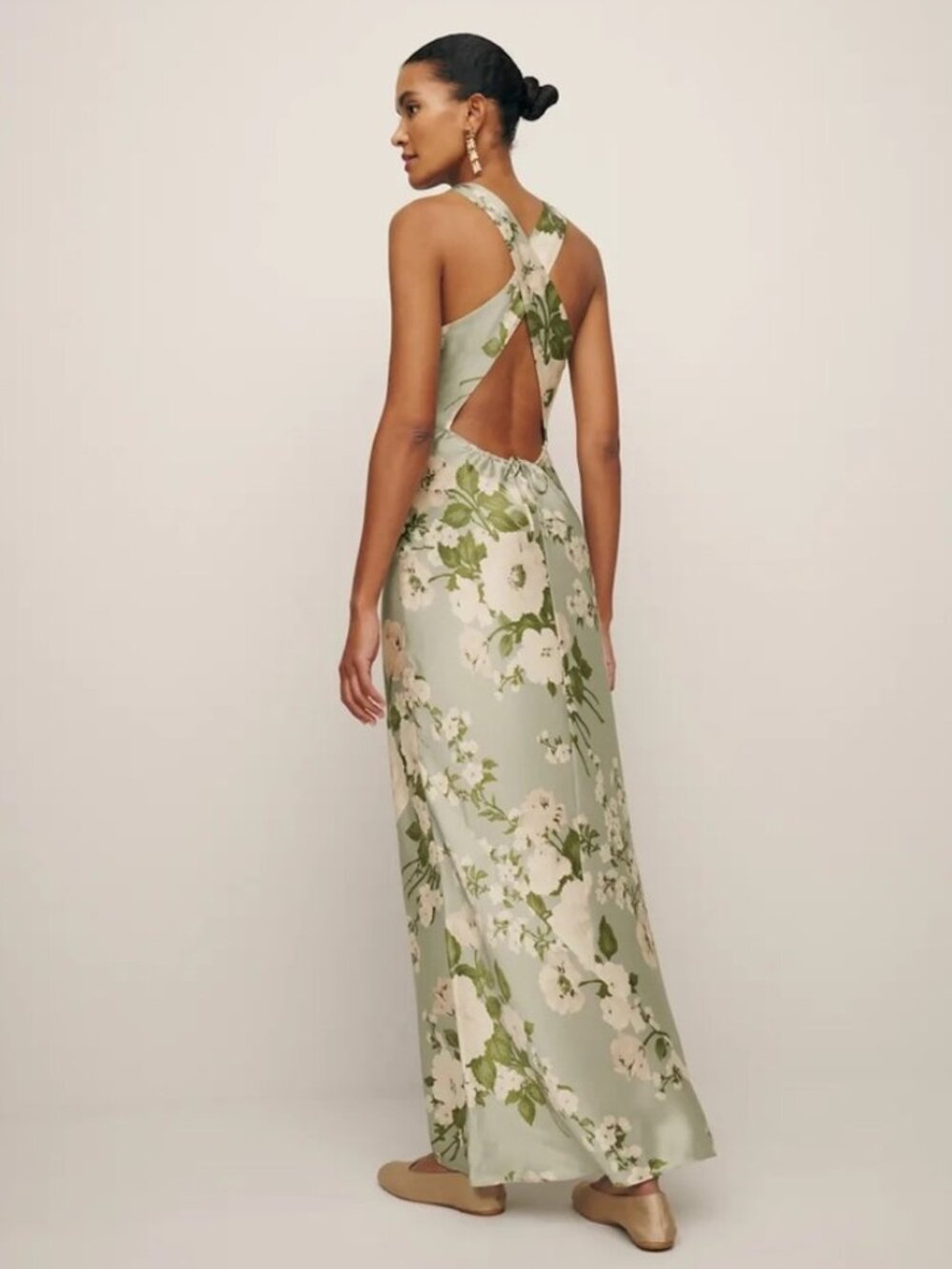 NEW Reformation Anaiis Long Silk Dress Tarragon Green Floral | size 0 - Picture 7 of 16